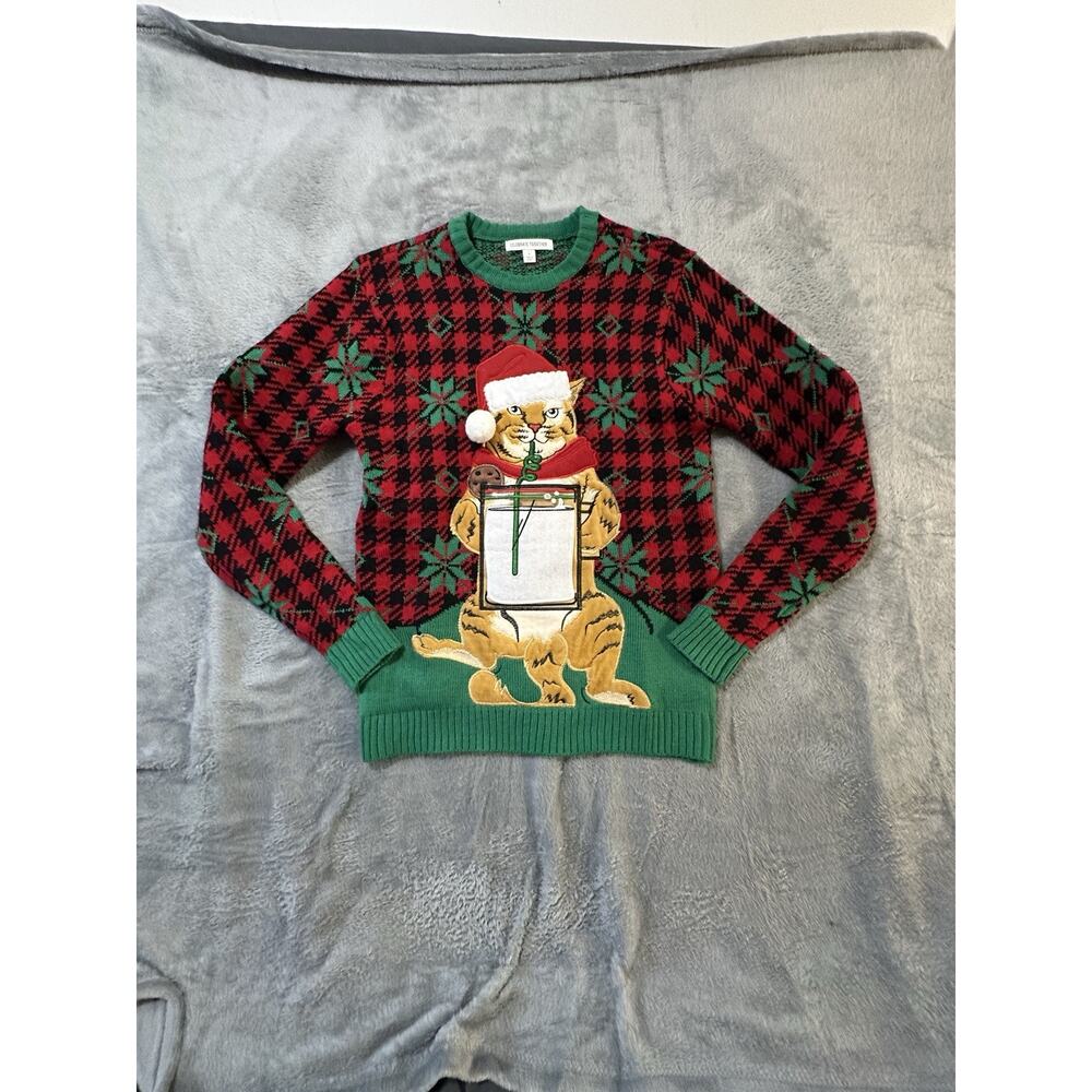 Celebrate Together Ugly Christmas Sweater Cat Santa Hat Holiday Small Unisex